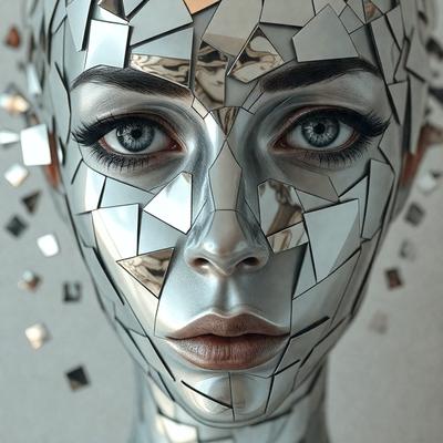 The primary subject of the image is a close-up of a woman's face, which is covered in shiny metal pieces. The setting is a room with a gray background. The visual style is a combination of photo and digital art, creating a unique and intriguing appearance. The colors and mood of the image are predominantly silver and metallic, giving it a futuristic and artistic feel.